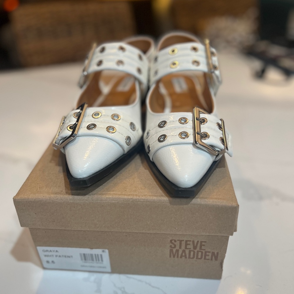 Steve Madden White Patent Flats with Buckle Detail